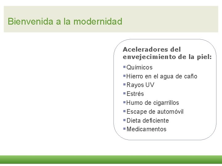 Bienvenida a la modernidad Aceleradores del envejecimiento de la piel: §Químicos §Hierro en el