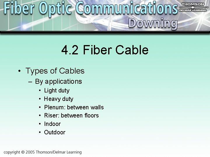 4. 2 Fiber Cable • Types of Cables – By applications • • •