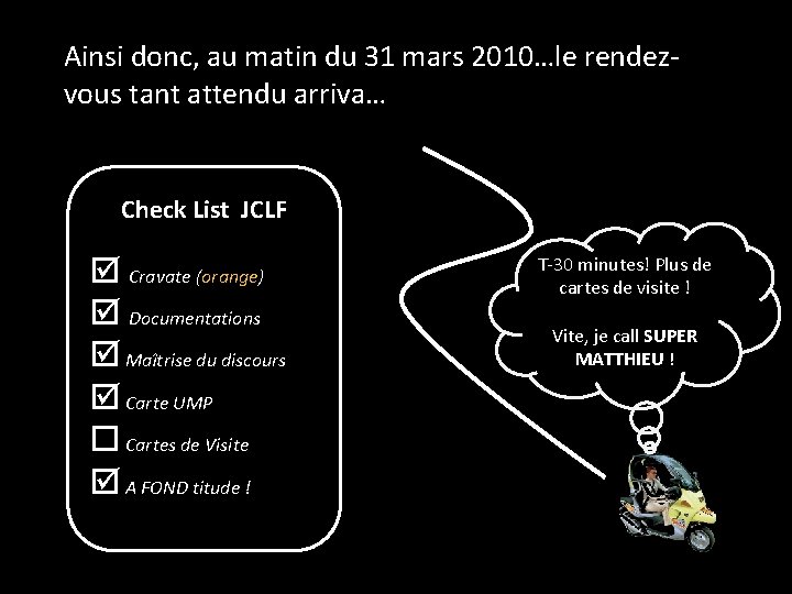 Ainsi donc, au matin du 31 mars 2010…le rendezvous tant attendu arriva… Check List