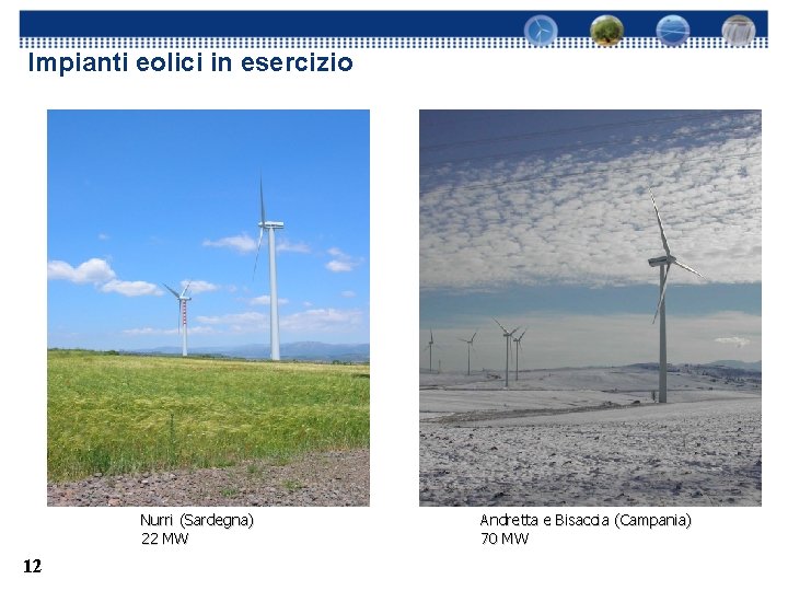 Impianti eolici in esercizio Nurri (Sardegna) 22 MW 12 Andretta e Bisaccia (Campania) 70
