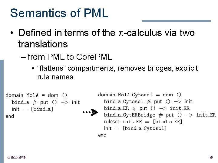 Semantics of PML • Defined in terms of the -calculus via two translations –