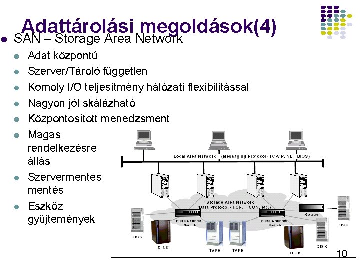 l Adattárolási megoldások(4) SAN – Storage Area Network l l l l Adat központú