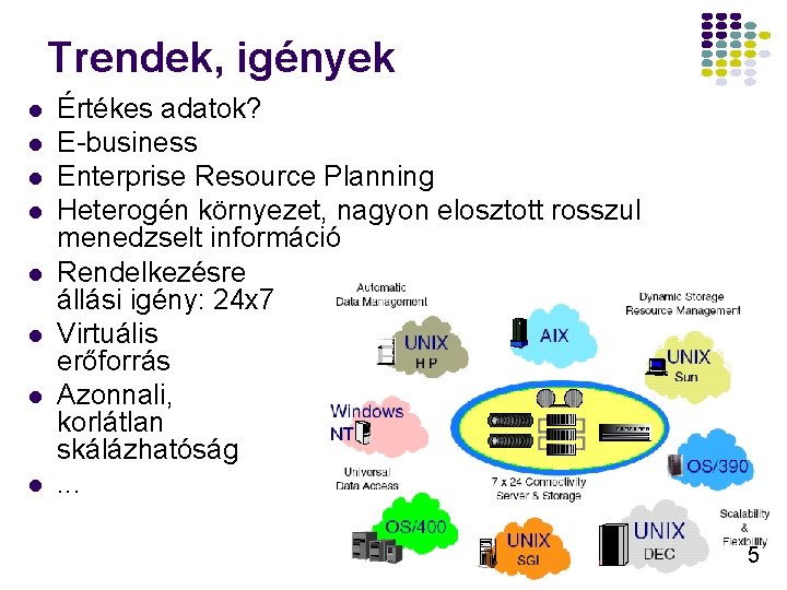 Trendek, igények l l l l Értékes adatok? E-business Enterprise Resource Planning Heterogén környezet,