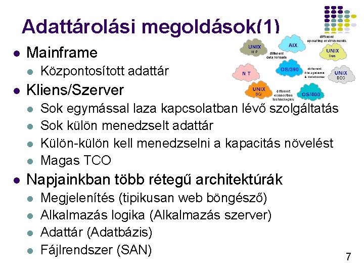 Adattárolási megoldások(1) l Mainframe l l Kliens/Szerver l l l Központosított adattár Sok egymással