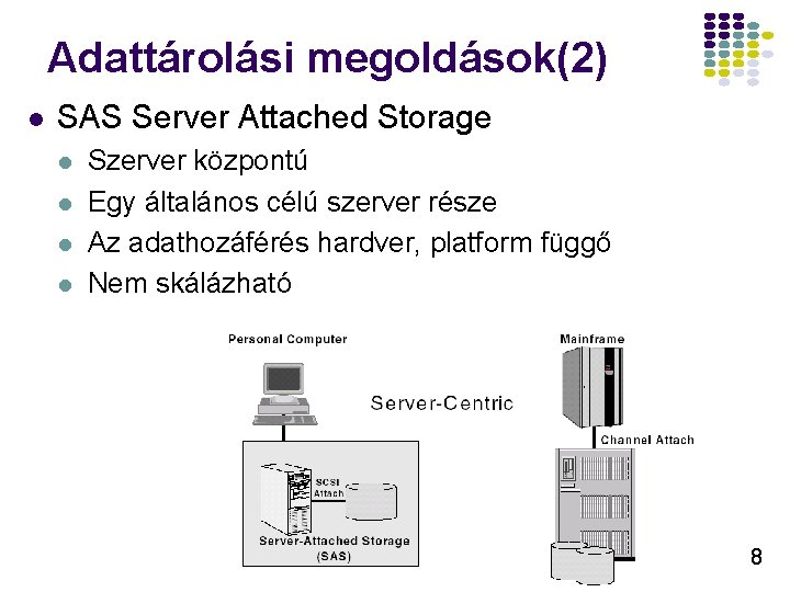 Adattárolási megoldások(2) l SAS Server Attached Storage l l Szerver központú Egy általános célú