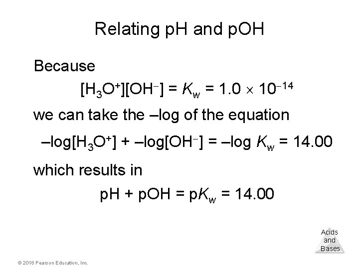 Relating p. H and p. OH Because [H 3 O+][OH ] = Kw =
