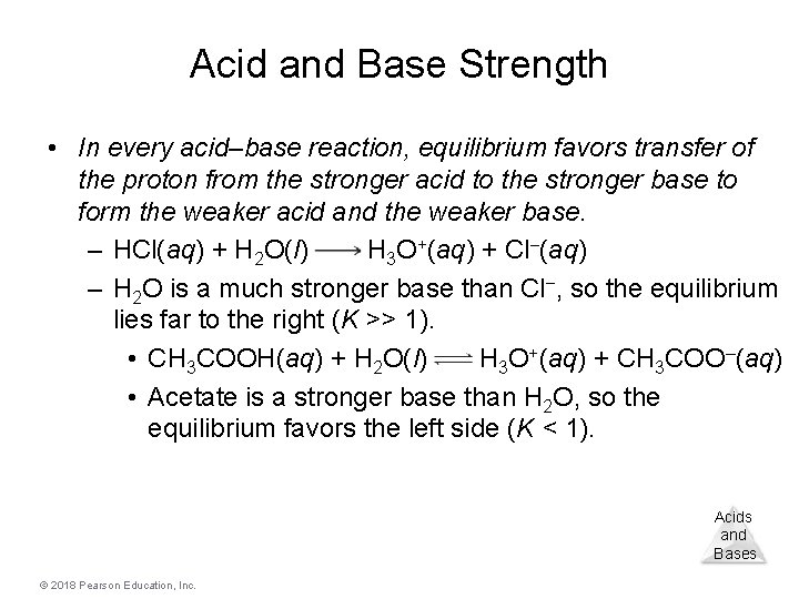 Acid and Base Strength • In every acid–base reaction, equilibrium favors transfer of the