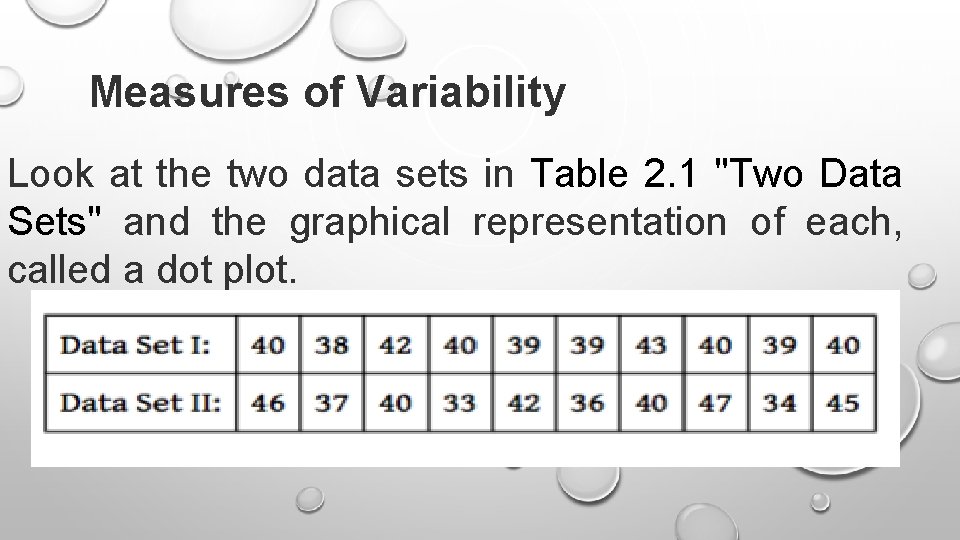 Measures of Variability Look at the two data sets in Table 2. 1 "Two