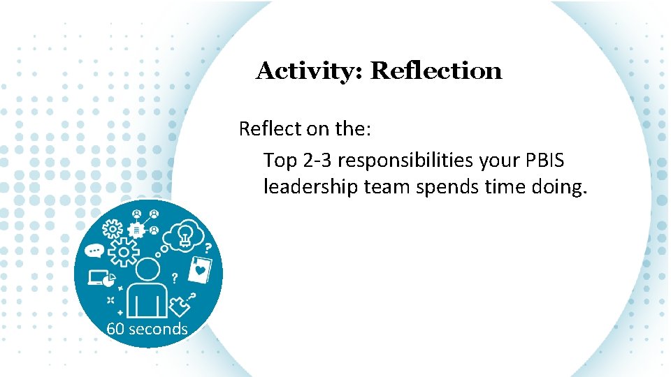 Activity: Reflection Reflect on the: Top 2 -3 responsibilities your PBIS leadership team spends
