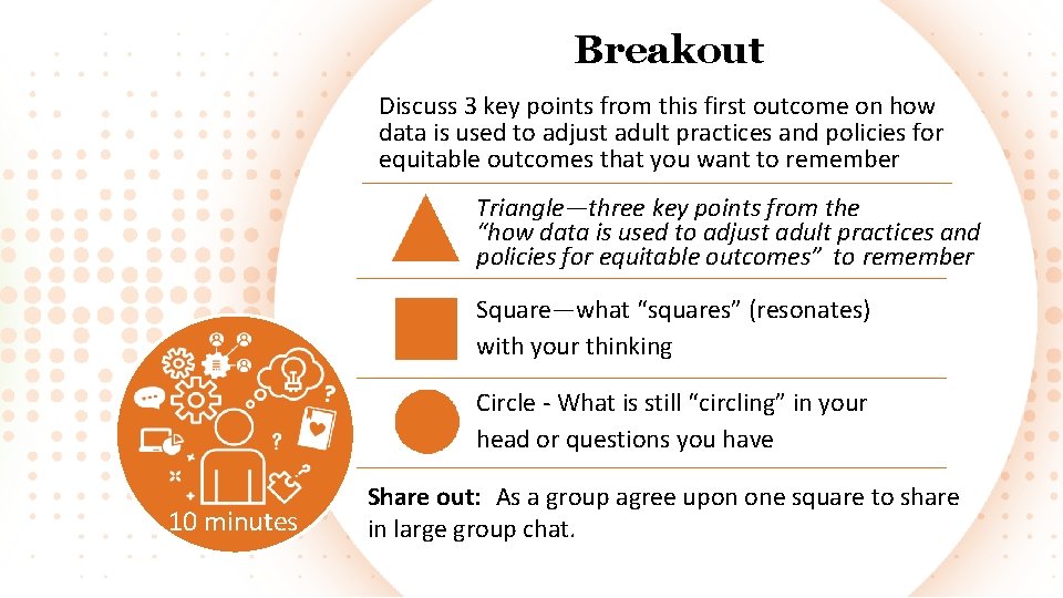 Breakout Discuss 3 key points from this first outcome on how data is used