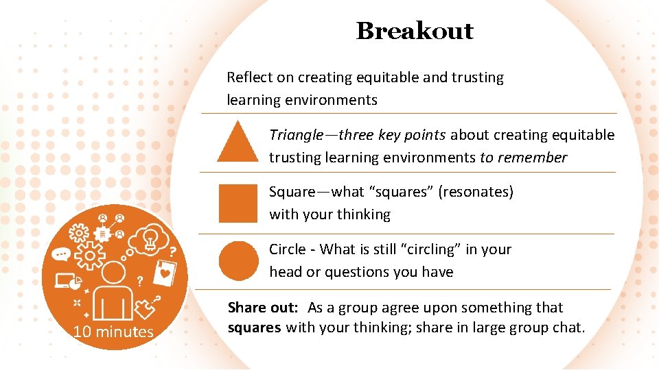 Breakout Reflect on creating equitable and trusting learning environments Triangle—three key points about creating