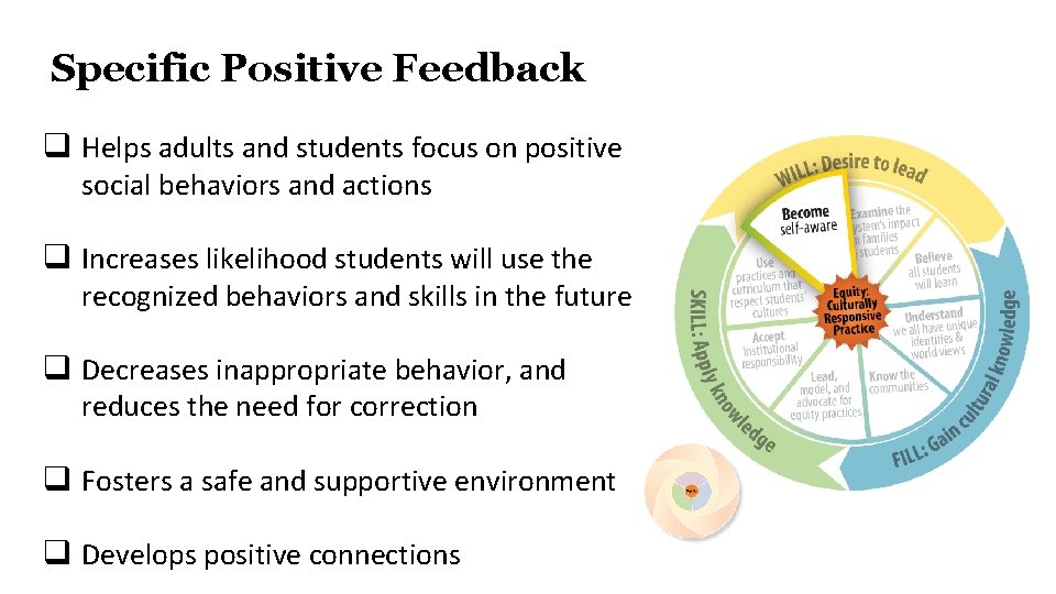 Specific Positive Feedback q Helps adults and students focus on positive social behaviors and