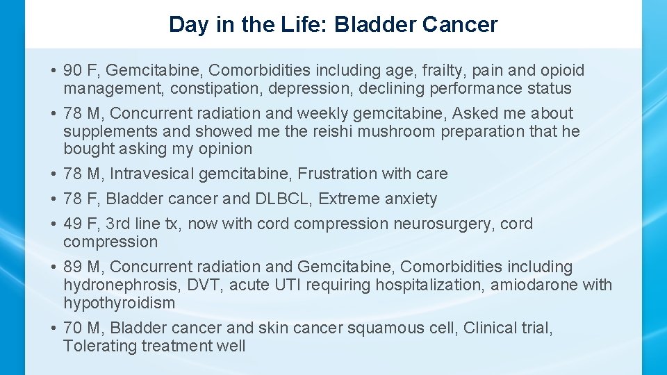 Day in the Life: Bladder Cancer • 90 F, Gemcitabine, Comorbidities including age, frailty,