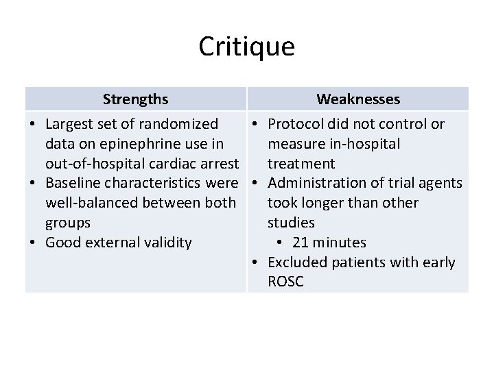 Critique Strengths Weaknesses • Largest set of randomized • Protocol did not control or