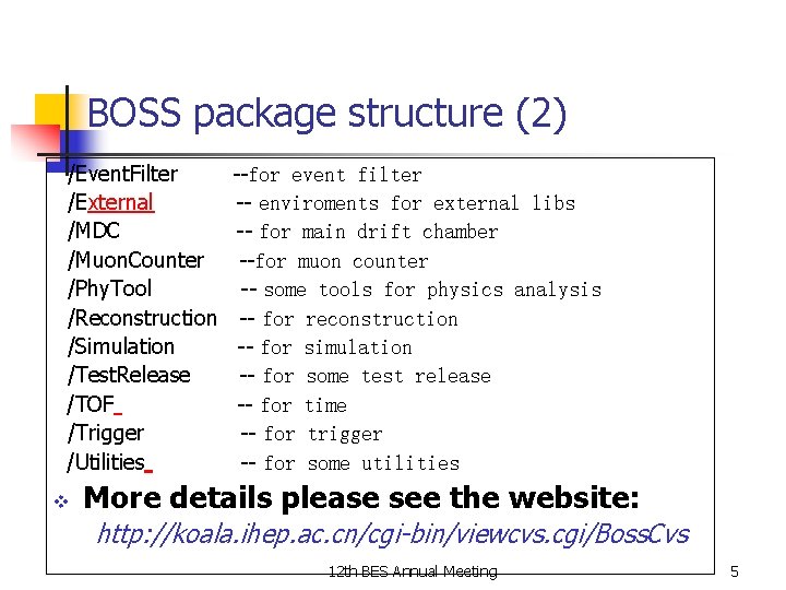 BOSS package structure (2) /Event. Filter /External /MDC /Muon. Counter /Phy. Tool /Reconstruction /Simulation