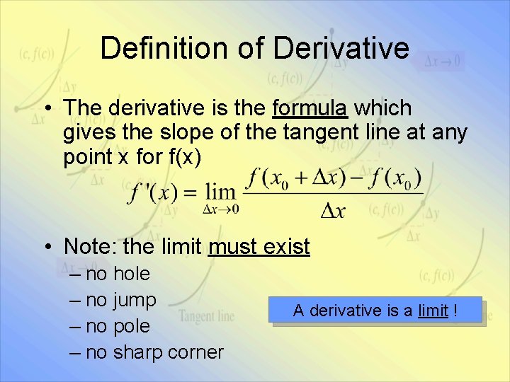 Definition of Derivative • The derivative is the formula which gives the slope of