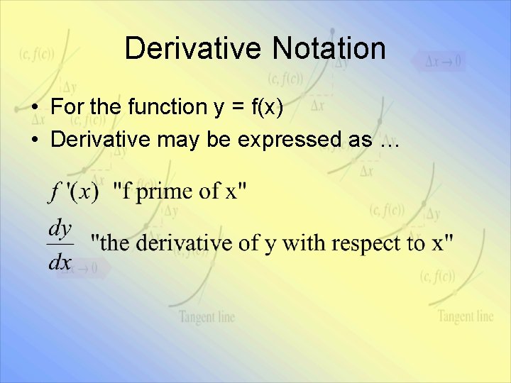 Derivative Notation • For the function y = f(x) • Derivative may be expressed