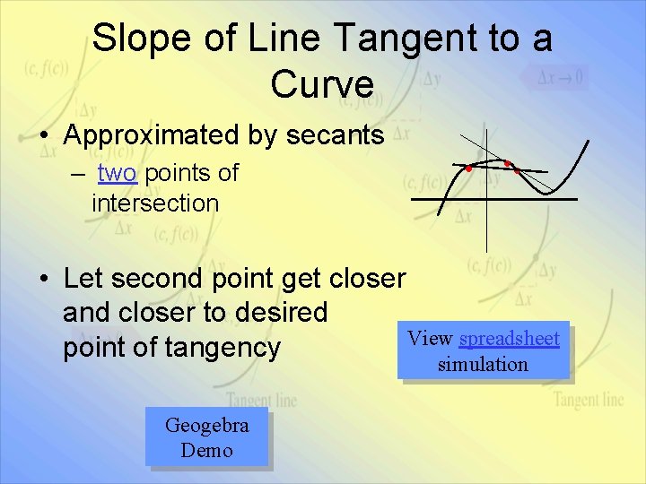 Slope of Line Tangent to a Curve • Approximated by secants – two points