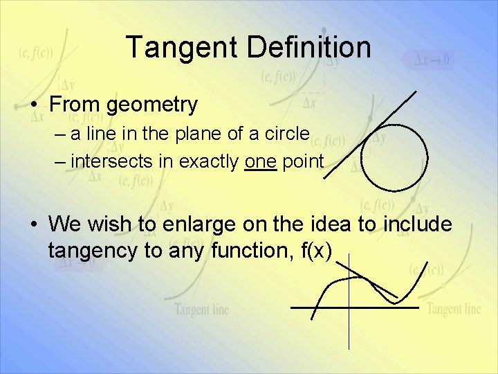 Tangent Definition • From geometry – a line in the plane of a circle