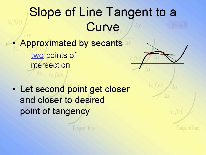 Slope of Line Tangent to a Curve • Approximated by secants – two points