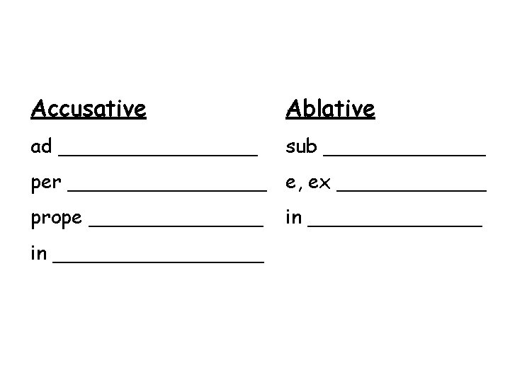 Accusative Ablative ad ________ sub _______ per ________ e, ex ______ prope ______________ in