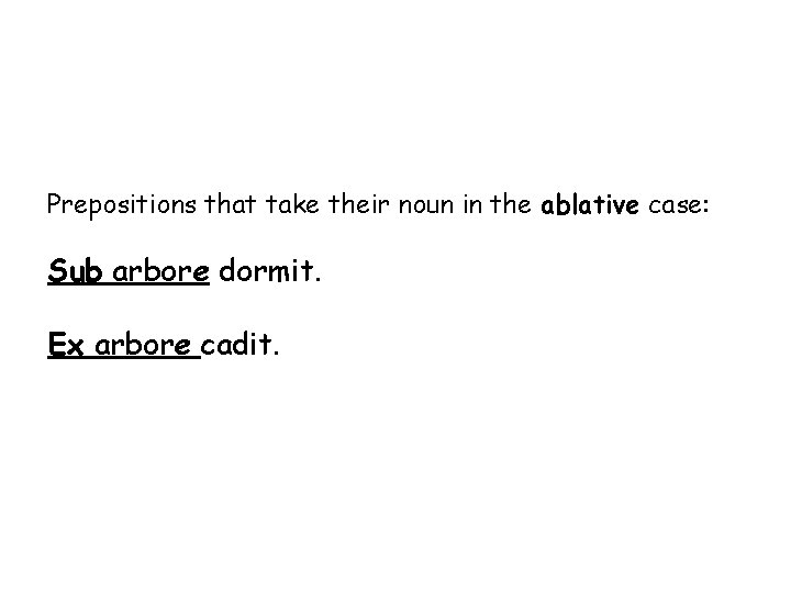 Prepositions that take their noun in the ablative case: Sub arbore dormit. Ex arbore