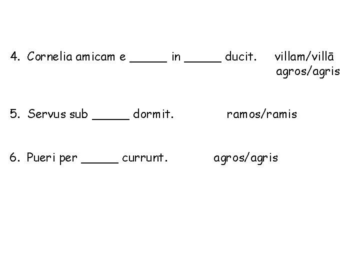 4. Cornelia amicam e _____ in _____ ducit. 5. Servus sub _____ dormit. 6.