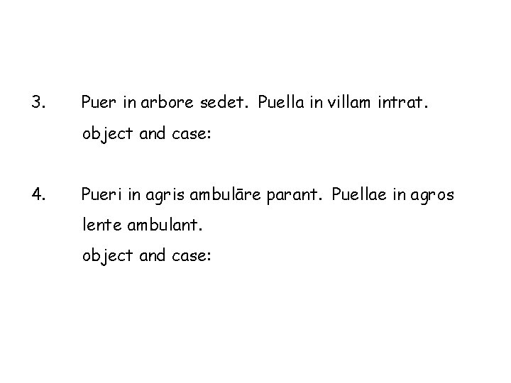 3. Puer in arbore sedet. Puella in villam intrat. object and case: 4. Pueri