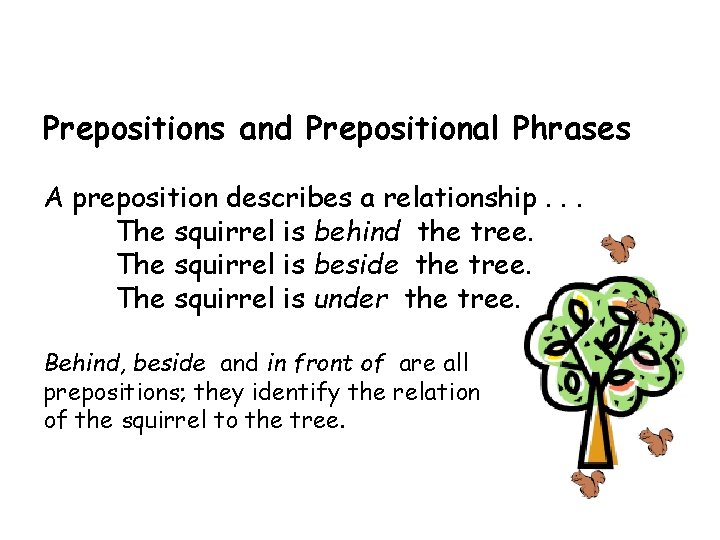 Prepositions and Prepositional Phrases A preposition describes a relationship. . . The squirrel is