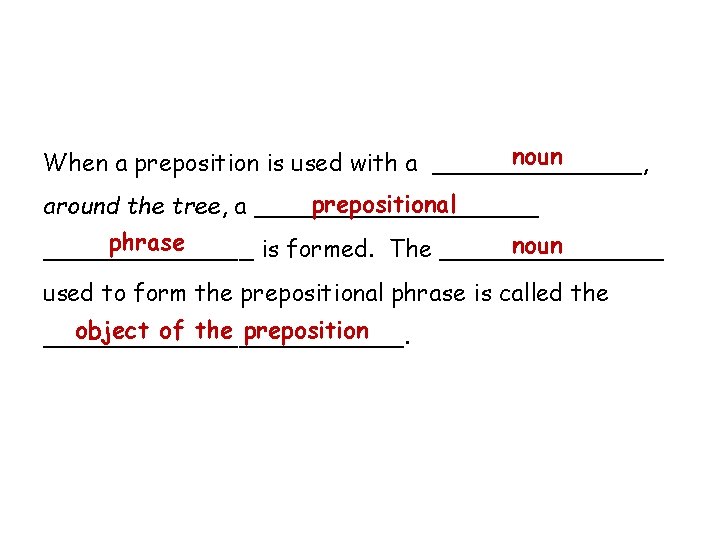 noun When a preposition is used with a _______, prepositional around the tree, a