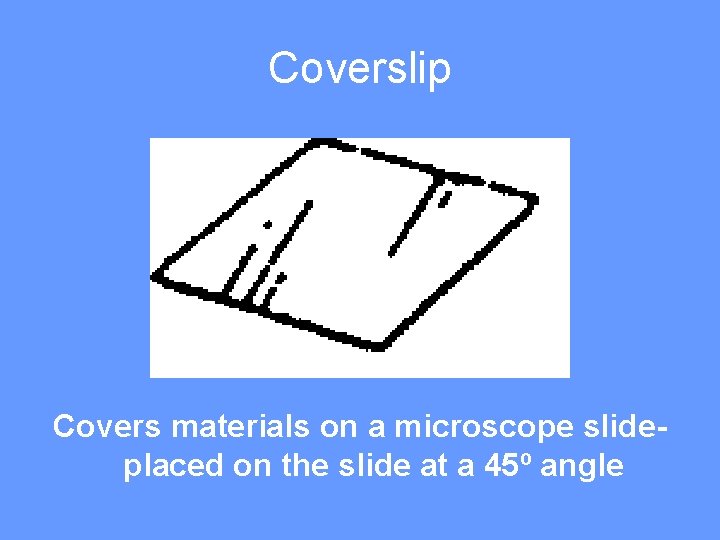 Coverslip Covers materials on a microscope slideplaced on the slide at a 45º angle