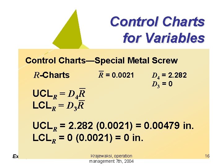 Control Charts for Variables Control Charts—Special Metal Screw R-Charts R = 0. 0021 UCLR