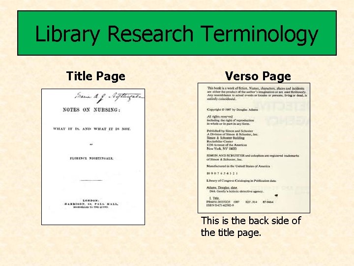 Library Research Terminology Title Page Verso Page This is the back side of the