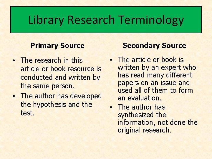 Library Research Terminology Primary Source Secondary Source • The research in this article or