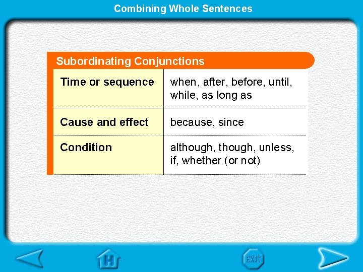 Combining Whole Sentences Subordinating Conjunctions Time or sequence when, after, before, until, while, as