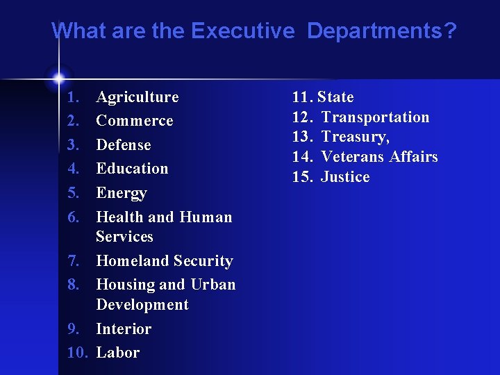 What are the Executive Departments? 1. 2. 3. 4. 5. 6. 7. 8. 9.