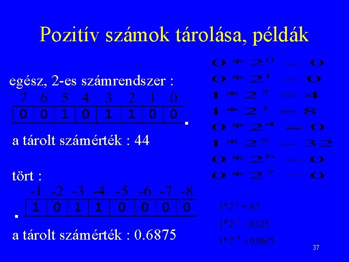 Pozitív számok tárolása, példák egész, 2 -es számrendszer : a tárolt számérték : 44