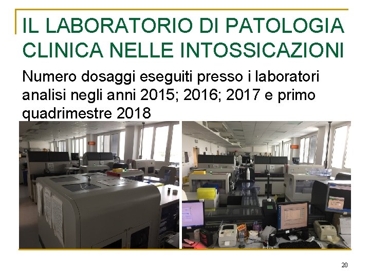 IL LABORATORIO DI PATOLOGIA CLINICA NELLE INTOSSICAZIONI Numero dosaggi eseguiti presso i laboratori analisi