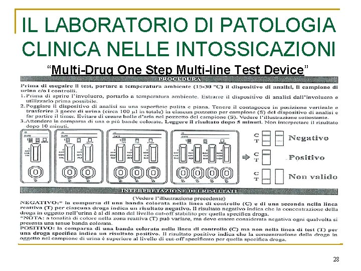 IL LABORATORIO DI PATOLOGIA CLINICA NELLE INTOSSICAZIONI “Multi-Drug One Step Multi-line Test Device” 28