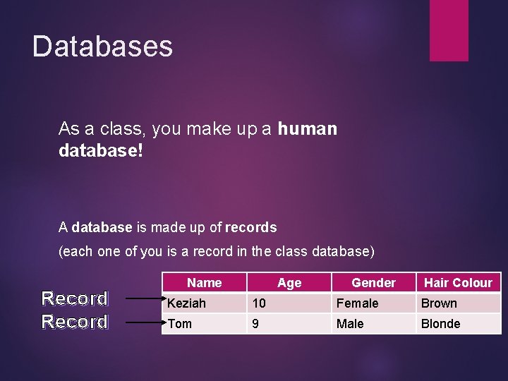 Databases As a class, you make up a human database! A database is made