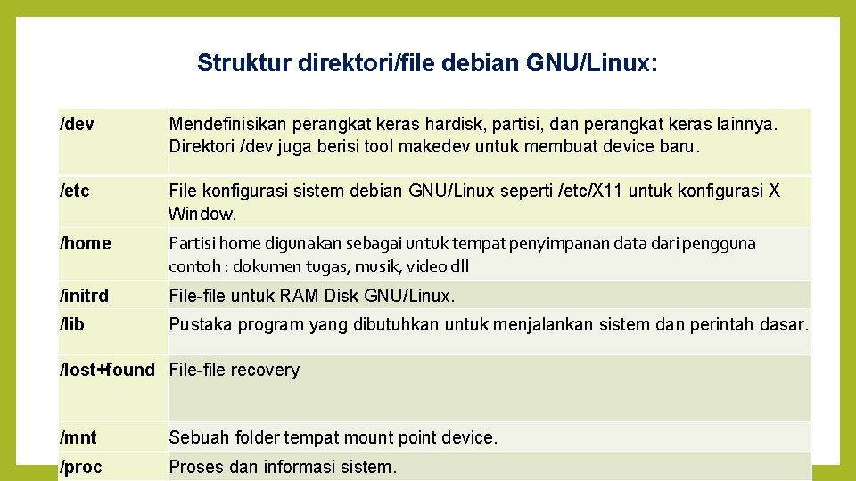 Struktur direktori/file debian GNU/Linux: /dev Mendefinisikan perangkat keras hardisk, partisi, dan perangkat keras lainnya.