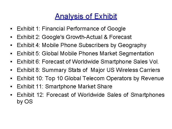 Analysis of Exhibit • • • Exhibit 1: Financial Performance of Google Exhibit 2: