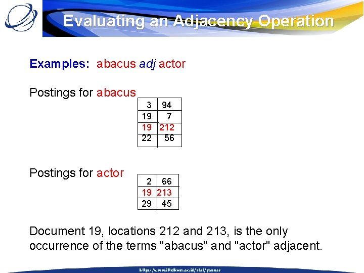 Evaluating an Adjacency Operation Examples: abacus adj actor Postings for abacus 3 94 19