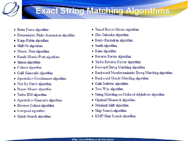 Exact String Matching Algorithms http: //www. ittelkom. ac. id/staf/yanuar 