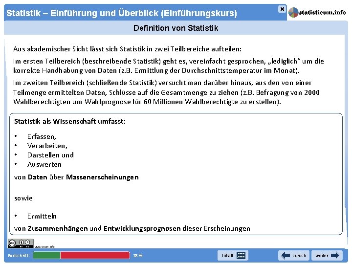 × Statistik – Einführung und Überblick (Einführungskurs) Definition von Statistik Aus akademischer Sicht lässt