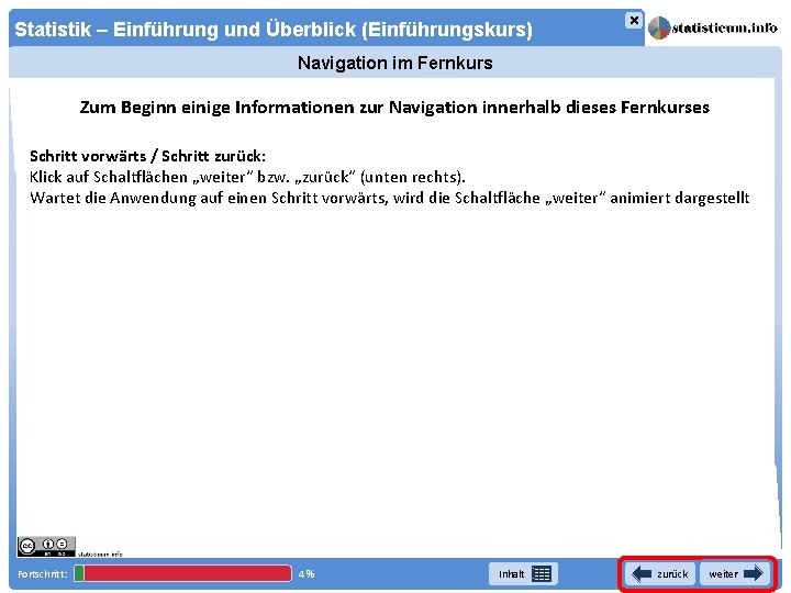 × Statistik – Einführung und Überblick (Einführungskurs) Navigation im Fernkurs Zum Beginn einige Informationen