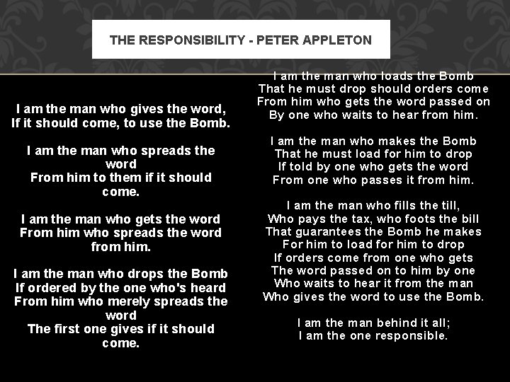 THE RESPONSIBILITY - PETER APPLETON I am the man who gives the word, If