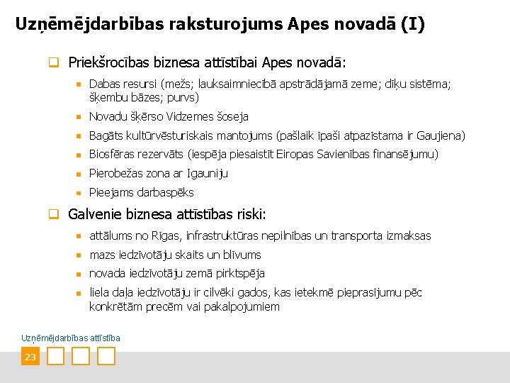 Uzņēmējdarbības raksturojums Apes novadā (I) q Priekšrocības biznesa attīstībai Apes novadā: Dabas resursi (mežs;