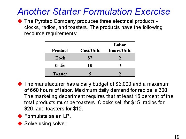 Another Starter Formulation Exercise u The Pyrotec Company produces three electrical products clocks, radios,