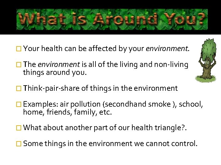 � Your health can be affected by your environment. � The environment is all